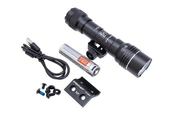 Weapon light with multiple mounts, battery, and USB charger.
